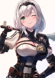 Rule 34 | 1girl, armor, belt, belt buckle, braid, breasts, buckle, chest guard, cleavage, cleavage cutout, clothing cutout, gloves, green eyes, grey hair, hair ornament, hololive, large breasts, mace, medium hair, one eye closed, shiotsuke sasami, shirogane noel, shoulder armor, virtual youtuber, weapon