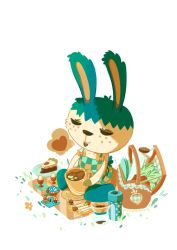Rule 34 | 1girl, animal crossing, closed eyes, cup, dress, female focus, green dress, heart (symbol), holding, holding cup, nintendo, on ground, picnic, pippy (animal crossing), puzzlething, rabbit, simple background, white background