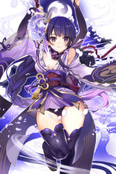 Rule 34 | 1girl, armpits, bare shoulders, blush, braid, breasts, cleavage, genshin impact, highres, holding, holding sword, holding weapon, human scabbard, japanese clothes, kimono, long hair, looking at viewer, mole, mole under eye, nail polish, nyoro (nyoronyoro000), panties, purple eyes, purple hair, purple nails, purple panties, purple thighhighs, raiden shogun, sash, shrug (clothing), solo, sword, thighhighs, underwear, very long hair, weapon