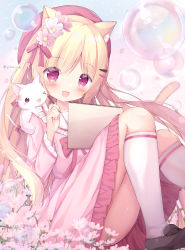 Rule 34 | absurdres, animal, animal ears, animal on shoulder, beret, blonde hair, blush, bubble, cat, cat ears, cat girl, cat on shoulder, dress, flower, frilled dress, frilled sailor collar, frills, hair flower, hair ornament, hair ribbon, hairclip, hat, highres, holding, holding pencil, kneehighs, loafers, long hair, long sleeves, neck ribbon, notebook, open mouth, original, pencil, pink eyes, ribbon, sailor collar, sailor dress, shoes, sitting, sketchbook, smile, socks, solo, very long hair, yuduki pdx