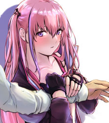 Rule 34 | 1girl, 3 small spiders, arm hug, blush, breasts, closed mouth, collarbone, girls&#039; frontline, gloves, highres, jacket, long hair, looking at viewer, pink hair, purple eyes, purple gloves, purple jacket, shadow, side ponytail, small breasts, solo, st ar-15 (girls&#039; frontline), upper body, white background