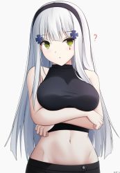 Rule 34 | 1girl, ?, arms under breasts, bare arms, bare shoulders, black hairband, black pants, black shirt, blush, breast lift, breasts, commentary, facial mark, girls&#039; frontline, green eyes, grey background, hairband, highres, hk416 (girls&#039; frontline), keenh, large breasts, long hair, midriff, navel, pants, parted lips, shirt, signature, simple background, sleeveless, sleeveless shirt, solo, very long hair