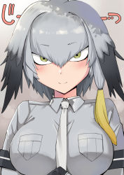 Rule 34 | 10s, 1girl, black gloves, black hair, blonde hair, blush, breast pocket, breasts, closed mouth, collared shirt, fingerless gloves, gloves, green eyes, grey hair, grey necktie, grey shirt, hair between eyes, highres, kemono friends, layered sleeves, long hair, long sleeves, looking at viewer, low ponytail, medium breasts, multicolored hair, necktie, nuko (mikupantu), pocket, shirt, shoebill (kemono friends), short over long sleeves, short sleeves, side ponytail, smile, solo, sound effects, upper body
