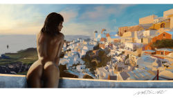 Rule 34 | 1girl, absurdres, ass, balcony, black hair, city, completely nude, dark-skinned female, dark skin, egyptian, facial tattoo, highres, looking outside, nude, overwatch, overwatch 1, pharah (overwatch), rocher-hd, sunset, tattoo, traditional media