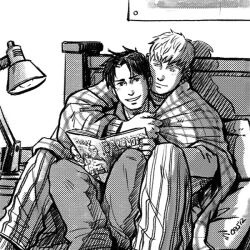 Rule 34 | 2boys, arm around shoulder, bara, black hair, blanket, blonde hair, couple, cris art, desk lamp, greyscale, hulkling, lamp, light smile, magazine (object), male focus, marvel, monochrome, multiple boys, on bed, pants, reading, short hair, sideburns, sitting, sitting between lap, smile, thick eyebrows, wiccan, yaoi