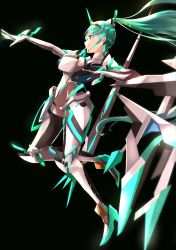 Rule 34 | 1girl, absurdres, armor, breasts, chest jewel, earrings, gem, gloves, green eyes, green hair, hair ornament, headpiece, high heels, highres, jewelry, large breasts, long hair, pneuma (xenoblade), ponytail, risumi (taka-fallcherryblossom), simple background, smile, solo, swept bangs, tiara, very long hair, xenoblade chronicles (series), xenoblade chronicles 2