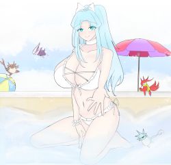 Rule 34 | 1girl, aqua hair, bare shoulders, blue eyes, breasts, cleavage, cloud, collar, estherelaitea, extended arm, golden sun, highres, large breasts, long hair, mia (golden sun), navel, one-piece swimsuit, scrunchie, sky, solo, summer, swimsuit, umbrella, water, wet, white one-piece swimsuit