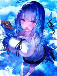 Rule 34 | 1girl, absurdres, arm at side, black ribbon, black skirt, blue background, blue butterfly, blue hair, blue halo, blue nails, blue theme, blunt bangs, blush, breasts, bug, butterfly, candy, chocolate, chocolate bar, chocolate heart, cloud, food, halo, hand up, heart, heart-shaped pupils, highres, insect, large breasts, light particles, long hair, long sleeves, looking at viewer, mouth hold, neck ribbon, original, pink eyes, reflection, reflective water, ribbon, sidelocks, skirt, soaking feet, solo, standing, symbol-shaped pupils, w (w64851564), water
