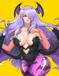 Rule 34 | 1girl, alex (cerealex), animal print, bare shoulders, bat (animal), bat print, breasts, bridal gauntlets, camilla (fire emblem), cleavage, closed mouth, collarbone, commentary, cosplay, feather trim, fingernails, fire emblem, fire emblem fates, fire emblem heroes, hair over one eye, hand up, head wings, highleg, highleg leotard, highres, large breasts, leotard, lips, long hair, morrigan aensland, morrigan aensland (cosplay), nail polish, nintendo, orange background, pantyhose, purple hair, red eyes, red nails, shiny clothes, shiny skin, simple background, skin tight, smile, strapless, strapless leotard, vampire (game), wings