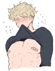 Rule 34 | 10s, 1boy, abs, arms behind back, bad id, bad pixiv id, bandages, bandaid, bandaids on nipples, bara, blonde hair, blue eyes, blush, clothes in mouth, clothes lift, flat color, flying sweatdrops, granblue fantasy, looking down, mahi (dokodokodo), male focus, messy hair, mouth hold, muscular, nipples, pasties, pectorals, pectorals, shirt in mouth, shirt lift, solo, sweat, undercut, upper body, vane (granblue fantasy), white background
