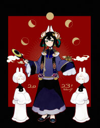 Rule 34 | 1girl, 2023, 2others, animal ears, black hair, blue dress, colored skin, crescent moon, dress, full moon, green eyes, hair ornament, hair rings, hand fan, high collar, highres, holding, holding fan, incense burner, long sleeves, moon, multiple others, new year, original, rabbit ears, red background, smoke, thick eyebrows, twitter username, white skin, wide sleeves, yotsu kado