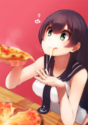 Rule 34 | 10s, 1girl, :p, agano (kancolle), anchor symbol, bare shoulders, black hair, breasts, cupping hand, eating, food, green eyes, heart, highres, holding, holding food, kantai collection, long hair, necktie, no gloves, pink background, pizza, pizza slice, school uniform, serafuku, simple background, smile, solo, suginoji, table, tongue, tongue out