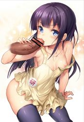Rule 34 | 1boy, 1girl, absurdres, ajishio, apron, ass, bar censor, black hair, black thighhighs, blue eyes, blush, breasts, censored, collarbone, disembodied penis, erection, eyebrows, fellatio, hetero, highres, kissing penis, long hair, naked apron, no nipples, nose, oral, penis, skindentation, small breasts, solo focus, strap slip, thighhighs, veins, veiny penis, working!!, yamada aoi