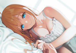 Rule 34 | 1girl, ahoge, bed, bed sheet, blue eyes, blush, braid, breasts, cleavage, collarbone, dress, happy, highres, large breasts, long hair, looking at viewer, lunch (shin new), lying, on bed, orange hair, pecorine (princess connect!), pov across bed, princess connect!, smile
