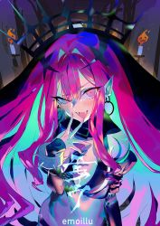 Rule 34 | 1girl, aqua hair, artist name, bare shoulders, black sleeves, blush, bracelet, candle, commentary request, detached sleeves, earrings, emoillu, baobhan sith (fate), baobhan sith (second ascension) (fate), fangs, fate/grand order, fate (series), hair between eyes, hair intakes, hand on own face, hoop earrings, indoors, jewelry, long hair, looking at viewer, multicolored hair, navel, open mouth, pink eyes, pointy ears, purple hair, revealing clothes, sidelocks, smile, solo, spiked bracelet, spikes, tiara, tongue, two-tone hair, vampire, veil