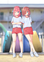 Rule 34 | 2girls, ;(, aged down, arms behind back, blue eyes, blurry, blurry background, blush, closed mouth, commentary request, crossed arms, crossed legs, day, full body, go-toubun no hanayome, gym uniform, hair over one eye, hair ribbon, highres, kongbai, looking at viewer, medium hair, multiple girls, nakano miku, nakano nino, outdoors, pink hair, red shorts, ribbon, shirt, short sleeves, shorts, siblings, sisters, smile, standing, t-shirt, thigh gap, tire, v-shaped eyebrows, white footwear, white shirt