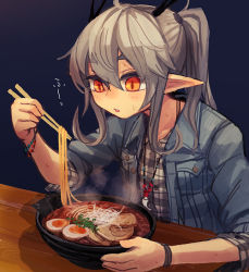 Rule 34 | 1girl, bee (deadflow), blowing, blush, bowl, bracelet, checkered clothes, checkered skirt, chopsticks, concon-collector, egg, food, grey hair, jacket, jewelry, kuryuu kohaku, long hair, meat, necklace, noodles, orange eyes, pointy ears, ramen, skirt, solo, sweat, twintails