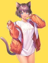 Rule 34 | 1girl, :d, animal ears, breasts, cat ears, cat girl, cat tail, e (eokiba), fang, highres, jacket, large breasts, long sleeves, looking at viewer, no pants, off shoulder, open clothes, open jacket, open mouth, original, purple hair, shirt, short hair, simple background, skin fang, sleeves past wrists, smile, tail, white shirt, yellow background