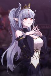 Rule 34 | 1girl, armlet, bare shoulders, black choker, black dress, blurry, blurry background, breasts, bright pupils, choker, cleavage, cross-shaped pupils, demon girl, demon horns, dress, earrings, grey horns, highres, hoop earrings, horns, jewelry, large breasts, lilpa, long hair, long sleeves, multicolored hair, necklace, parted lips, pink lips, pointy ears, ponytail, puffy long sleeves, puffy sleeves, purple nails, red eyes, red hair, rething, smoke, solo, steepled fingers, streaked hair, symbol-shaped pupils, tiara, two-sided dress, two-sided fabric, very long hair, waktaverse, white dress, white pupils