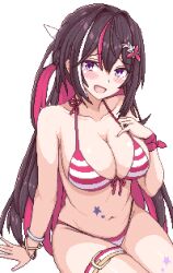 Rule 34 | 1girl, :d, azki (hololive), bare arms, bare shoulders, belt, bikini, blush stickers, bracelet, breasts, brown hair, cleavage, collarbone, colored inner hair, commentary, front-tie bikini top, front-tie top, hair between eyes, hair ornament, hair ribbon, hand on own chest, hand up, head tilt, hololive, hololive summer 2023 swimsuit, jewelry, large breasts, long hair, looking at viewer, multicolored hair, navel, official alternate costume, open mouth, pink hair, pixel art, purple eyes, ribbon, sidelocks, simple background, sitting, smile, solo, star (symbol), stomach, streaked hair, striped bikini, striped clothes, swimsuit, thigh belt, thigh strap, very long hair, virtual youtuber, white background, white hair, white ribbon, wristband, zou eita
