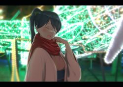 Rule 34 | 10s, 1girl, backlighting, black hair, blurry, depth of field, closed eyes, high ponytail, highres, houshou (kancolle), japanese clothes, kantai collection, kimono, letterboxed, open mouth, orange (sal1014), red scarf, robe, scarf, smile, solo, upper body
