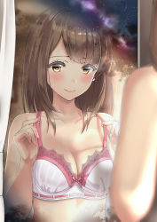 Rule 34 | 1girl, blurry, blush, bra, breasts, brown eyes, brown hair, closed mouth, curtains, depth of field, hands up, indoors, kinugasa yuuichi, lace trim, lips, mirror, night, original, reflection, small breasts, smile, solo, underwear, white bra