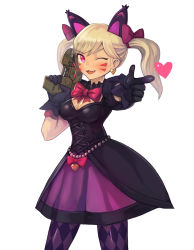 Rule 34 | 1girl, ;3, ;d, argyle, argyle clothes, argyle legwear, black cat d.va, black hair, blonde hair, bow, bowtie, commentary, cowboy shot, d.va (overwatch), dress, earrings, facial mark, fang, gun, hair bow, heart, heart earrings, jewelry, long hair, official alternate costume, one eye closed, open mouth, overwatch, overwatch 1, pantyhose, pink eyes, pointing, pointing at viewer, puffy short sleeves, puffy sleeves, short sleeves, simple background, smile, solo, sookmo, twintails, weapon, whisker markings, white background