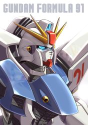 Rule 34 | absurdres, altronage, blue eyes, character name, close-up, f91 gundam, glowing, glowing eyes, gundam, gundam f91, highres, looking up, mecha, no humans, robot, solo, v-fin, white background