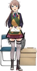 Rule 34 | 1girl, apron, black sweater, blue eyes, blue necktie, blush, boots, box, brown footwear, brown hair, cardboard box, chair, cross-laced footwear, dress, folding chair, fujikawa, full body, grey thighhighs, kantai collection, kazagumo (kancolle), kazagumo kai ni (kancolle), lace-up boots, long hair, long sleeves, necktie, official art, open mouth, ponytail, purple dress, solo, standing, sweater, thighhighs, torpedo launcher, transparent background