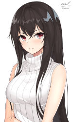Rule 34 | 1girl, bare arms, bare shoulders, black hair, breasts, closed mouth, crossed bangs, dated, grey sweater, highres, long hair, looking at viewer, medium breasts, original, red eyes, ribbed sweater, signature, simple background, sleeveless, sleeveless turtleneck, smile, solo, sweater, turtleneck, twitter username, unel, upper body, white background