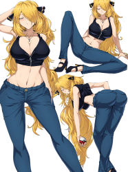 Rule 34 | 1girl, arm support, ass, bent over, black footwear, blonde hair, blue pants, breasts, cleavage, closed mouth, collarbone, creatures (company), crop top, cynthia (pokemon), denim, duplicate, game freak, hair ornament, hair over one eye, hand in own hair, high heels, holding, holding poke ball, jeans, jewelry, large breasts, long hair, midriff, multiple views, navel, necklace, nintendo, pants, partially unzipped, poke ball, pokemon, pokemon dppt, shimure (460), sitting, sleeveless, white background