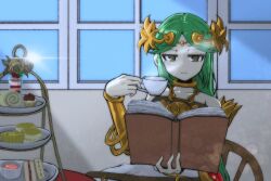 Rule 34 | 1girl, book, chain, collarbone, colorized, commentary request, cup, diadem, dress, eyelashes, food, forehead jewel, fruit, gold chain, green eyes, green hair, highres, holding, holding book, holding cup, indoors, kid icarus, kid icarus uprising, long hair, nintendo, palutena, reading, sandwich, solo, sparkle, strapless, strapless dress, strawberry, third-party edit, tiered tray, vambraces, very long hair, window, yu makoto (yu uma)