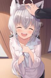 Rule 34 | 1girl, :d, ^ ^, ahoge, animal ear fluff, animal ears, blush, bow, braid, closed eyes, collared shirt, commentary, door, english commentary, facing viewer, fox ears, fox girl, grey hair, hair between eyes, headpat, highres, hitsukuya, hololive, indoors, long hair, long sleeves, open mouth, out of frame, shirakami fubuki, shirakami fubuki (street), shirt, smile, solo focus, standing, teeth, upper teeth only, very long hair, virtual youtuber, white bow, wide sleeves