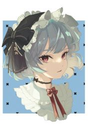 Rule 34 | 1girl, alternate costume, black bow, black choker, blue background, blue hair, bonnet, bow, bowtie, choker, commentary request, cropped shoulders, frilled choker, frilled shirt collar, frills, glint, highres, light smile, mink 08, parted lips, portrait, purple eyes, red bow, red bowtie, red eyes, remilia scarlet, ribbon choker, short hair, simple background, solo, swept bangs, touhou, tsurime, white background