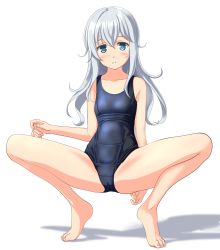 Rule 34 | 1girl, absurdres, blue eyes, blue one-piece swimsuit, full body, hibiki (kancolle), highres, kantai collection, long hair, looking at viewer, old school swimsuit, one-piece swimsuit, parted lips, school swimsuit, silver hair, simple background, solo, squatting, swimsuit, takafumi, white background