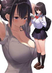 Rule 34 | 1girl, armpits, arms up, black hair, black skirt, black socks, blush, book, bow, bowtie, breasts, brown footwear, cleavage, collared shirt, commentary request, full body, grey shirt, hair between eyes, hair tie, holding, holding book, kaisen chuui, kneehighs, large breasts, loafers, long sleeves, mouth hold, multiple views, original, panties, pleated skirt, ponytail, purple eyes, red bow, red neckwear, school uniform, shirt, shirt tucked in, shoes, short sleeves, side-tie panties, side-tie peek, simple background, skirt, socks, standing, underwear, white background, white shirt