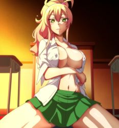 Rule 34 | 1girl, arm under breasts, blonde hair, blush, breasts, closed mouth, gyaru, hajimete no gal, highres, indoors, large breasts, long hair, looking at viewer, no bra, open clothes, open shirt, ponytail, school uniform, skirt, smile, solo, tied hair, yame yukana