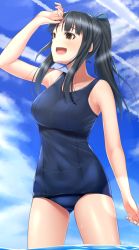 Rule 34 | 1girl, black hair, blue sky, breasts, brown eyes, cloud, contrail, cowboy shot, day, hattori shizuka, highres, hiroshi (hunter-of-kct), long hair, looking up, medium breasts, outdoors, ponytail, school swimsuit, sidelocks, sky, smile, solo, strike witches, swimsuit, wading, water, world witches series