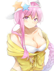 Rule 34 | 1girl, bb (fate), bb (fate) (all), bb (swimsuit mooncancer) (fate), bb (swimsuit mooncancer) (first ascension) (fate), bikini, bikini top only, braid, breasts, cleavage, collarbone, crop top, fate/grand order, fate (series), floating hair, hair between eyes, hat, hat ornament, highres, hikashou, jacket, large breasts, long hair, looking at viewer, pink eyes, pink hair, simple background, single braid, smile, solo, star (symbol), star hat ornament, strapless, strapless bikini, swimsuit, upper body, very long hair, white background, white bikini, white hat, yellow jacket