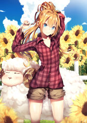 Rule 34 | 1girl, adjusting hair, arm up, black ribbon, blonde hair, blue eyes, blue sky, blush, breasts, brown shorts, buttons, closed mouth, cloud, cloudy sky, collarbone, collared shirt, commentary request, cowboy shot, day, fence, field, flower, flower field, fur, grass, hair between eyes, hair ornament, hand up, highres, holding, holding ribbon, horns, legs apart, long hair, long sleeves, looking at viewer, nakatokung, original, outdoors, plaid, plaid shirt, ponytail, red shirt, ribbon, saliva, saliva trail, sheep, sheep horns, shirt, shorts, sidelocks, sky, sleeping, smile, solo, standing, sunflower, sunflower field, tying hair, yellow flower