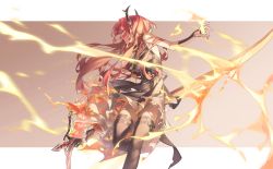 Rule 34 | 1girl, absurdres, arknights, black dress, dress, fingerless gloves, fire, gloves, highres, holding, holding weapon, horns, looking to the side, purple eyes, red hair, revision, scythe, solo, surtr (arknights), thighhighs, weapon, wushier