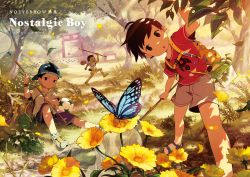 Rule 34 | 3boys, animal, artist name, backpack, backwards hat, bag, ball, bandaid, bandaid on knee, bandaid on leg, baseball cap, black hair, blouse, blue footwear, blue hat, brown eyes, brown hair, brown shorts, bug, butterfly, butterfly net, cage, child, commentary request, flower, hand net, hat, holding, hood, hood down, insect, light rays, male focus, multiple boys, nature, noeyebrow (mauve), original, purple shorts, red shirt, running, sandals, shirt, shoes, short sleeves, shorts, silk, sitting, sneakers, soccer ball, spider, spider web, sunbeam, sunlight, t-shirt, torii, tree, tree stump, yellow flower, yellow shorts