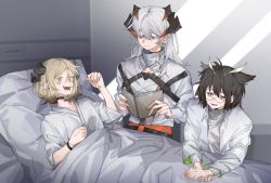 Rule 34 | 3girls, arknights, bed, black choker, blonde hair, book, bracelet, brown hair, choker, closed mouth, commentary, dragon horns, feather hair, glasses, hair between eyes, highres, holding, holding book, horns, hospital bed, ifrit (arknights), indoors, jewelry, lab coat, long hair, long sleeves, lying, medium hair, molu stranger, multiple girls, on back, open mouth, orange eyes, pillow, saria (arknights), shirt, short hair, short sleeves, silence (arknights), smile, teeth, under covers, white hair, white shirt