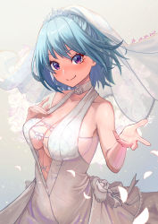 Rule 34 | 1girl, absurdres, blue hair, breasts, bridal veil, choker, cleavage, closed mouth, collarbone, commission, dated, dress, has bad revision, has downscaled revision, highres, kurono kurumu, large breasts, looking at viewer, md5 mismatch, petals, purple eyes, resolution mismatch, rosario+vampire, sakumichi, short hair, skeb commission, smile, solo, source smaller, veil, wedding dress, white choker, white dress