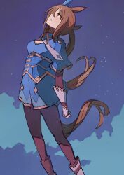 Rule 34 | 1girl, absurdres, admire vega (umamusume), animal ears, asymmetrical footwear, black footwear, blue cape, blue jacket, blue skirt, bow, breasts, brown hair, buttons, cape, commentary request, double-breasted, ear covers, feet out of frame, highres, horse ears, horse girl, horse tail, jacket, long hair, medium breasts, mismatched footwear, necktie, night, night sky, oteyawara-kani, outdoors, parted lips, ponytail, purple eyes, single ear cover, skirt, sky, solo, star (sky), starry sky, tail, umamusume, white bow, white footwear, white necktie