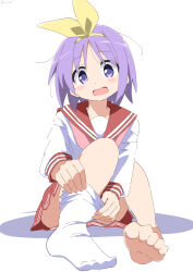 Rule 34 | 1girl, absurdres, barefoot, blush, cynical (llcbluckg c004), embarrassed, feet, foot focus, foreshortening, hairband, hands on own legs, highres, hiiragi tsukasa, lucky star, neckerchief, on floor, open mouth, pink neckerchief, purple eyes, purple hair, removing sock, single barefoot, single sock, sitting, socks, soles, solo, toes, undressing, white background, white socks, yellow hairband