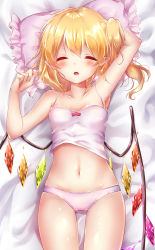 Rule 34 | 1girl, armpits, bad id, bad pixiv id, bare arms, bare legs, bed sheet, blonde hair, camisole, closed eyes, flandre scarlet, highres, lying, navel, on back, panties, pillow, pink panties, pointy ears, shanghai bisu, side ponytail, sleeping, solo, stomach, touhou, underwear, underwear only, wings
