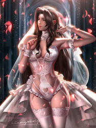 Rule 34 | 1girl, aerith gainsborough, alternate costume, armpits, bare shoulders, black background, bra, braid, breasts, bridal veil, bride, brown hair, church, cleavage, closed eyes, detached collar, dress, final fantasy, final fantasy vii, final fantasy vii remake, garter straps, hair ornament, hair ribbon, highres, jewelry, leotard, liang xing, lingerie, long hair, nail polish, necklace, panties, petals, revealing clothes, ribbon, see-through, signature, solo, square enix, standing, thighhighs, underwear, underwear only, veil, very long hair, waist cape, watermark, web address, wedding dress, white bra, white panties, white thighhighs