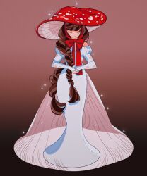 Rule 34 | 1girl, arm cutout, braid, brown background, brown hair, chin strap, closed eyes, clothing cutout, dress, fly agaric, gradient background, hat, hat ribbon, juliet sleeves, long dress, long hair, long sleeves, meyoco, mushroom, mushroom hat, off-shoulder dress, off shoulder, original, puffy sleeves, red hat, red ribbon, ribbon, see-through, see-through skirt, skirt, solo, sparkle, very long hair, white dress