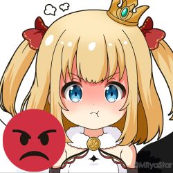 Rule 34 | 1girl, :t, asymmetrical wings, bare shoulders, black wings, blonde hair, bow, closed mouth, commentary request, crown, dress, emoji, frown, fur collar, hair bow, long hair, looking at viewer, marl (shironeko project), mini crown, mismatched wings, mitya, pout, red bow, shironeko project, simple background, sleeveless, sleeveless dress, solo, steam, tilted headwear, twitter username, two side up, upper body, white background, white dress, white wings, wings